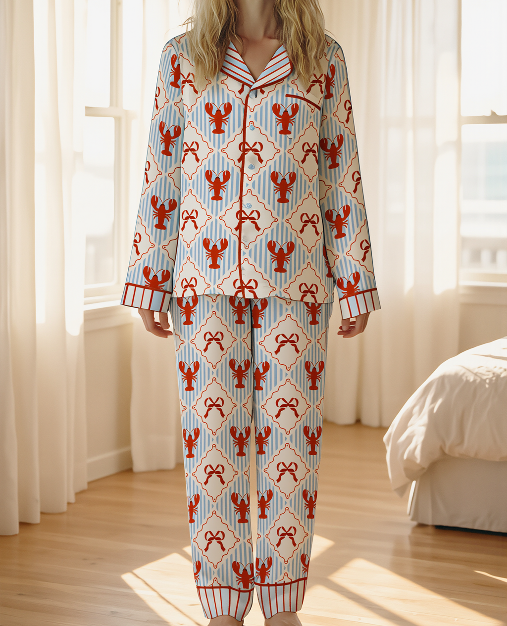 lobster & bow long satin pj set