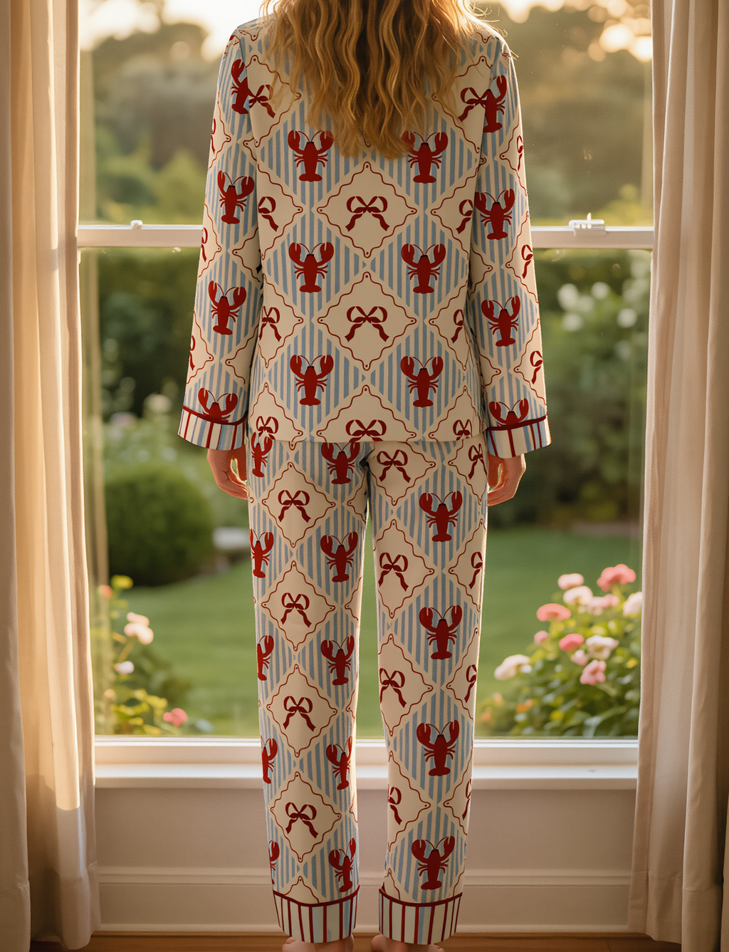 lobster & bow long satin pj set