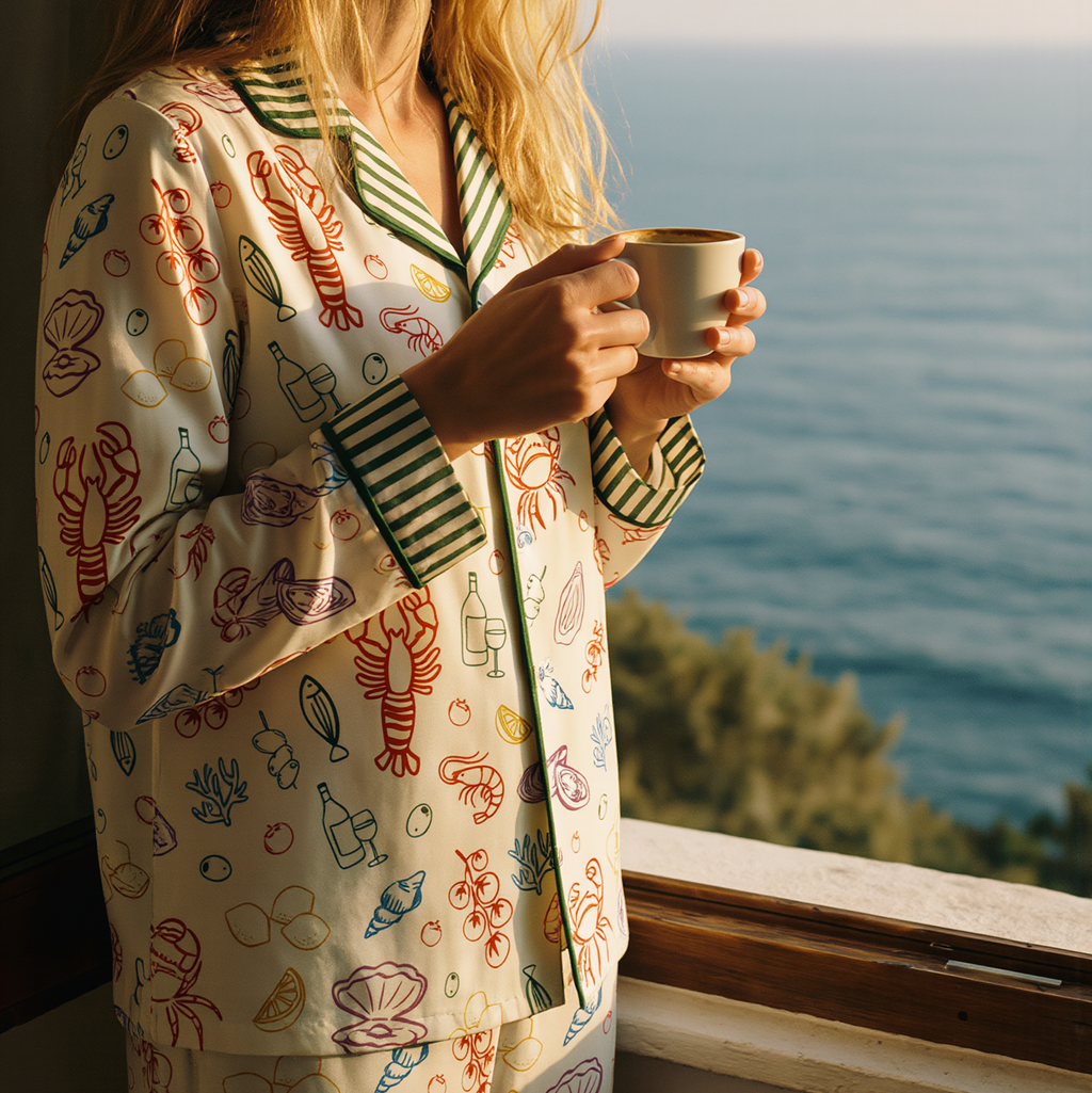 seafood lover long satin pj set