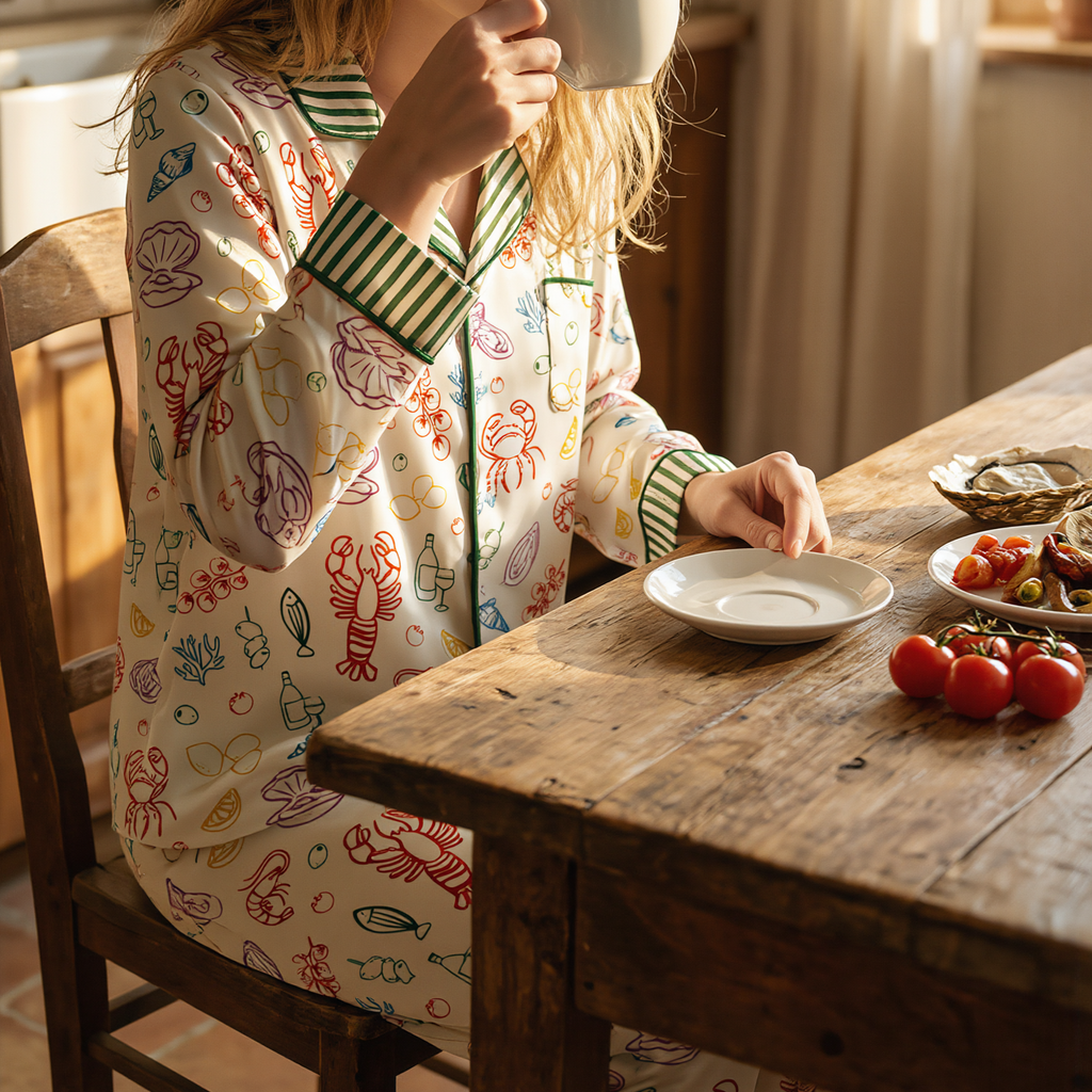 seafood lover long satin pj set