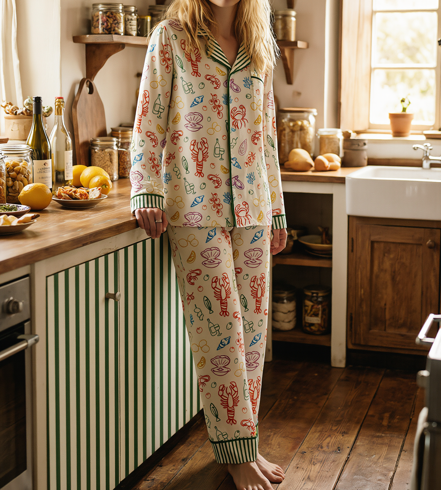 seafood lover long satin pj set